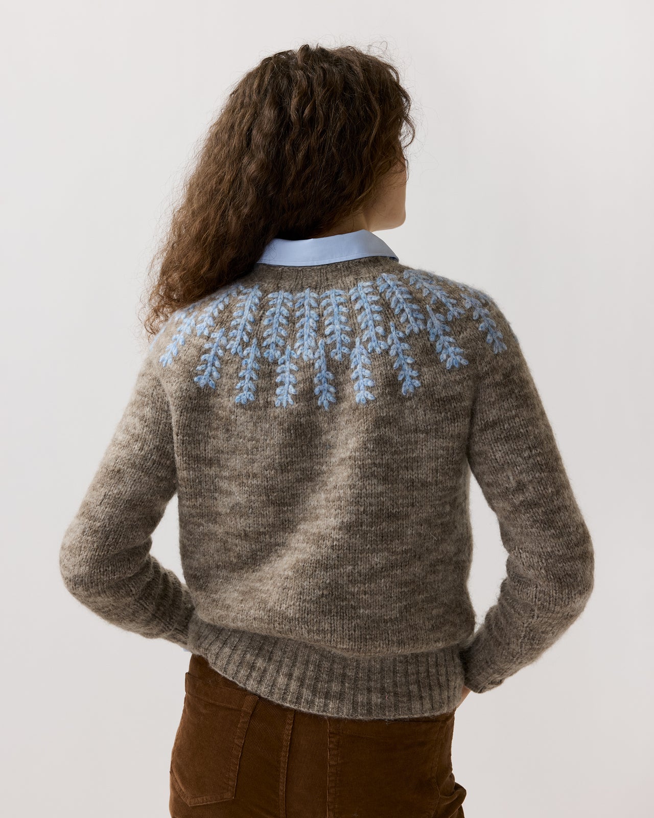 Corinna Sweater in Pewter/Blue Embroidered Wool/Alpaca