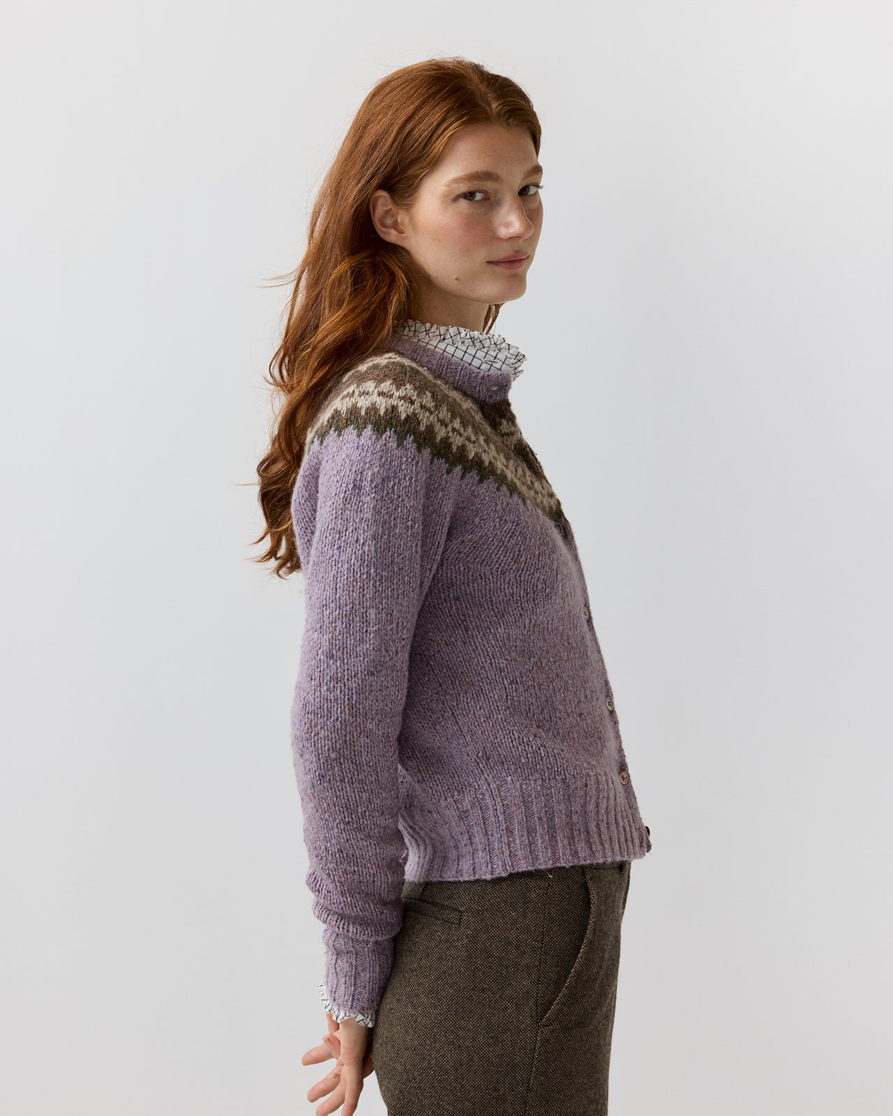 Marge Fair Isle Cardigan in Lavender Alpaca/Wool