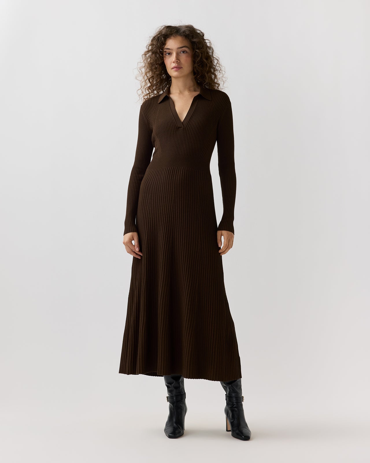 Addie Johnny-Collar Dress in Brown Techno Yarn