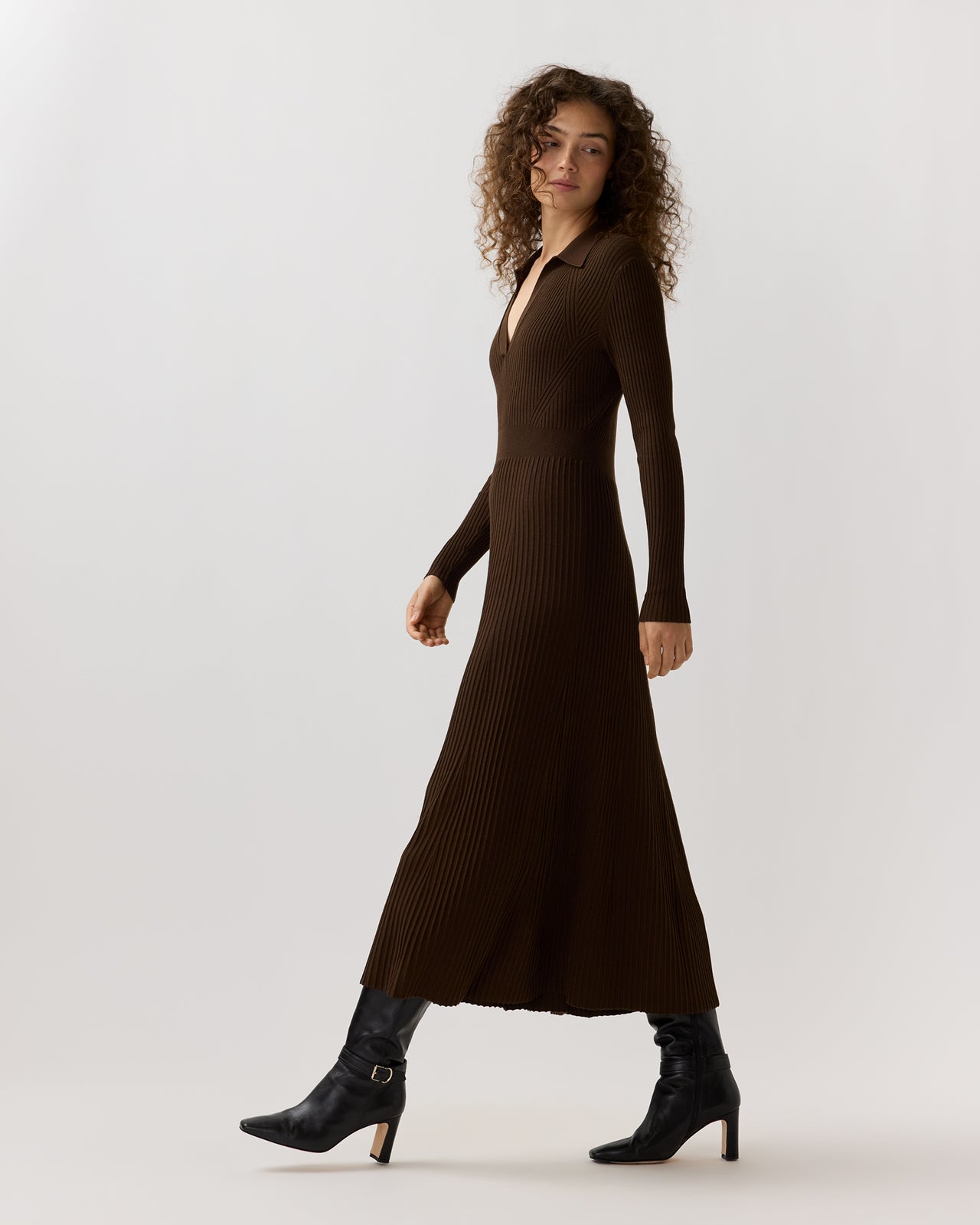 Addie Johnny-Collar Dress in Brown Techno Yarn