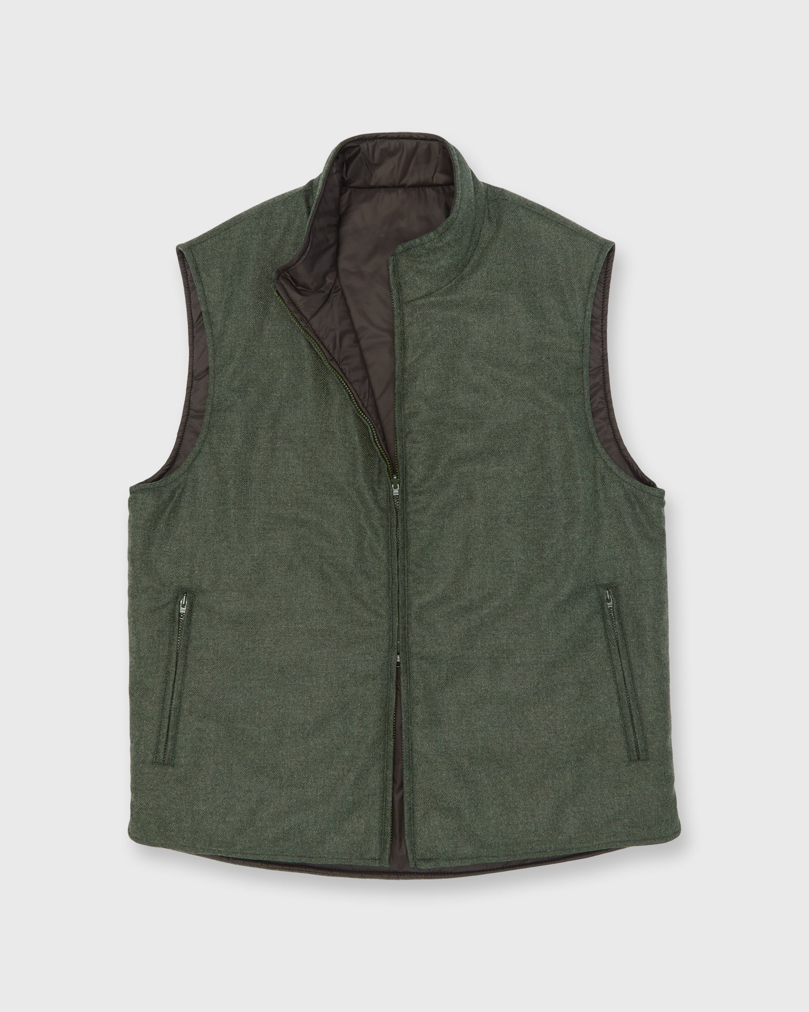 Reversible Cashpad Zip Vest in Brown Nylon/Spruce Tweed | Shop Sid