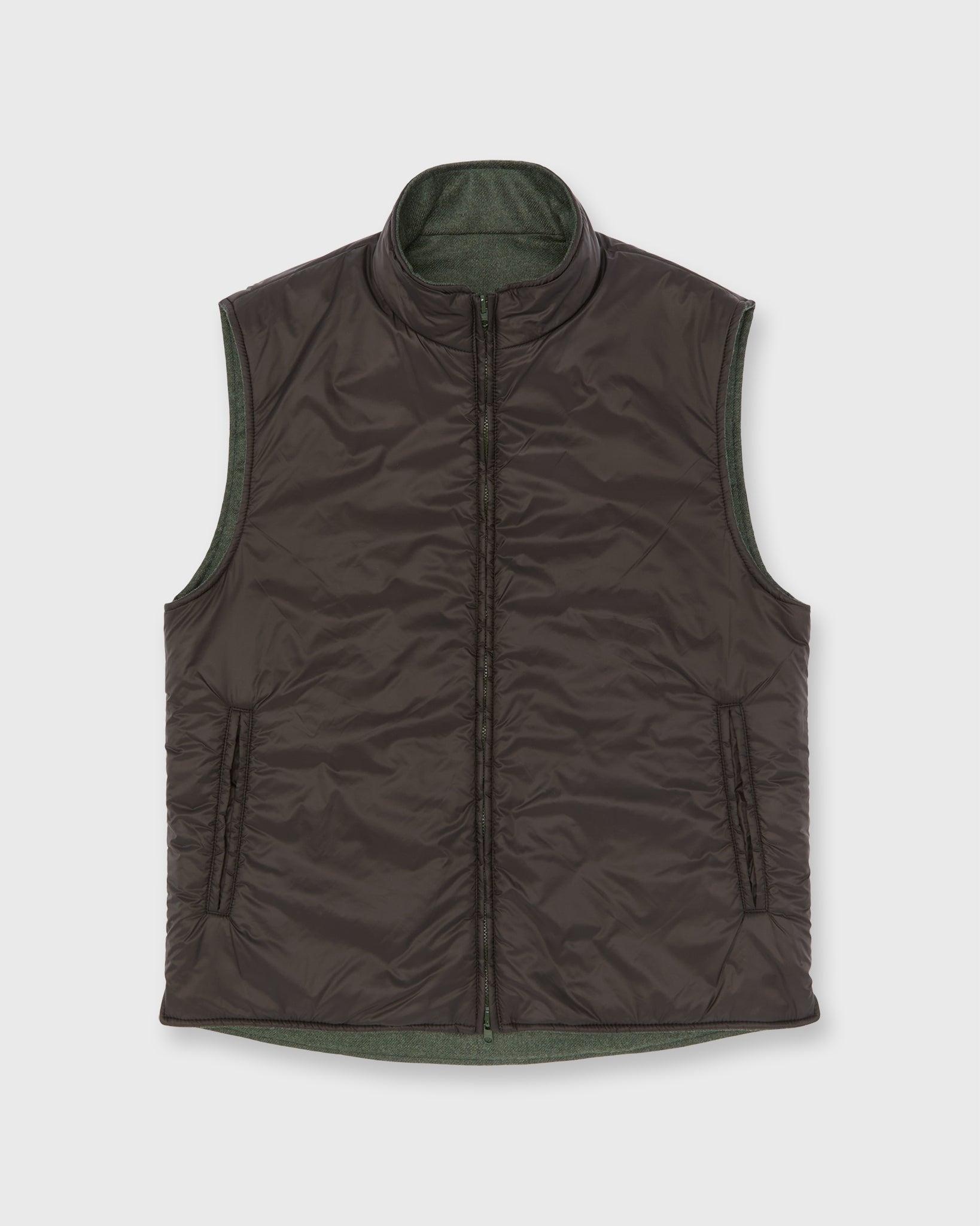 Reversible Cashpad Zip Vest in Brown Nylon/Spruce Tweed | Shop Sid