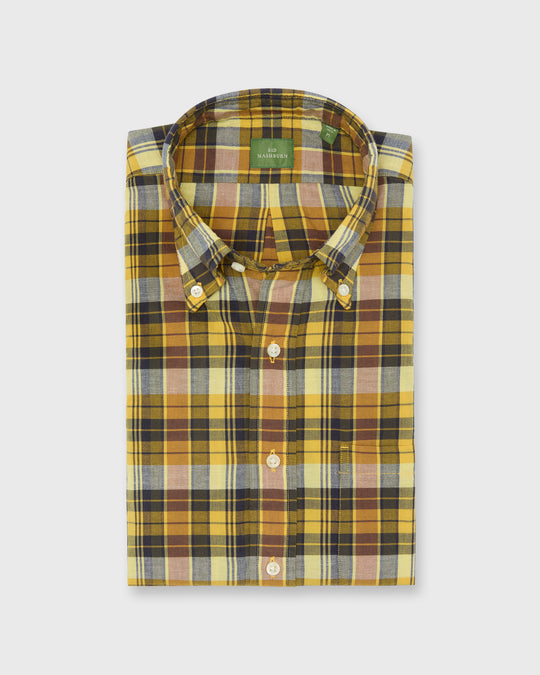 Button-Down Sport Shirt in Maize/Navy/Brown Madras