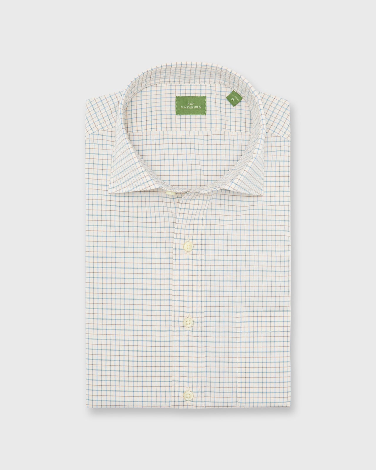 Spread Collar Sport Shirt in Bone/Green/Blue Tattersall Poplin
