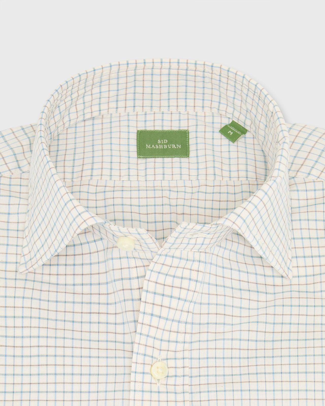 Spread Collar Sport Shirt in Bone/Green/Blue Tattersall Poplin