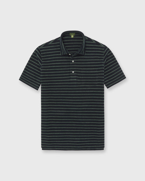 Short-Sleeved Polo in Navy/Sea Moss Stripe Pima Pique | Shop Sid