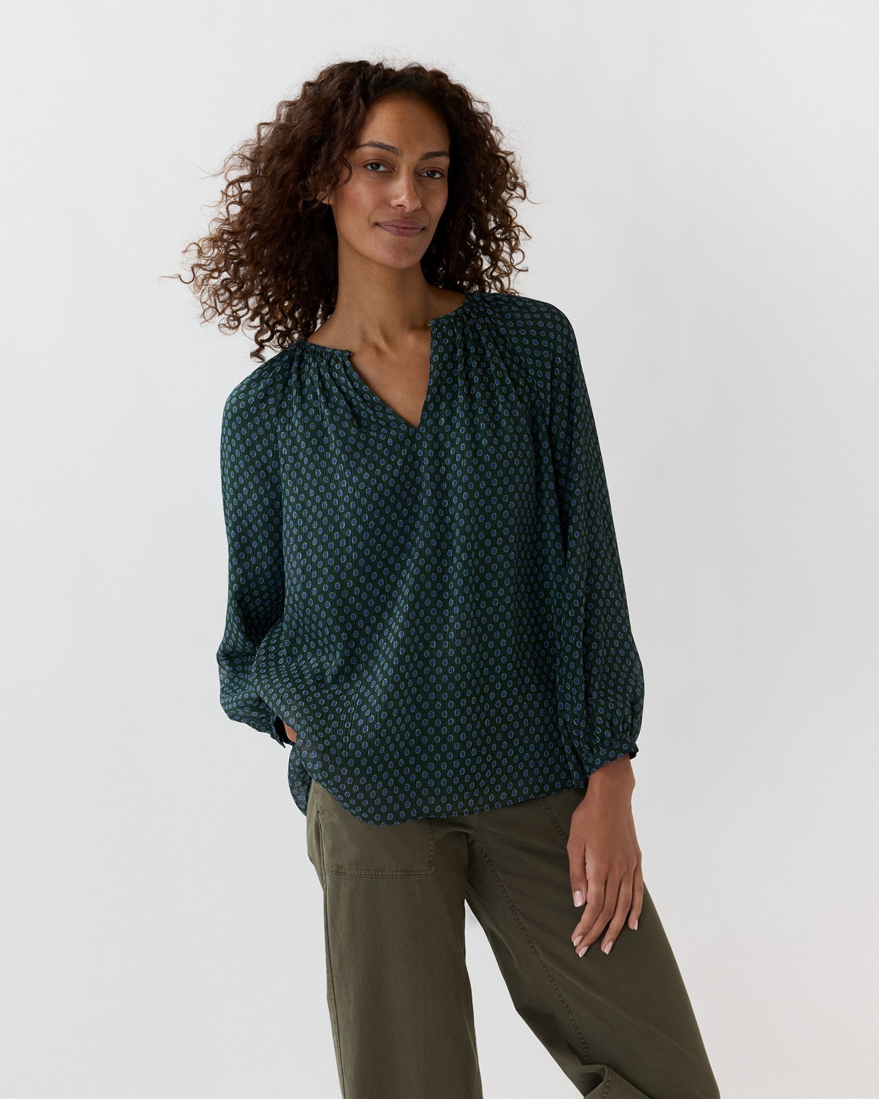 Ariana Blouse in Hunter/Lapis Foulard Metallic Georgette