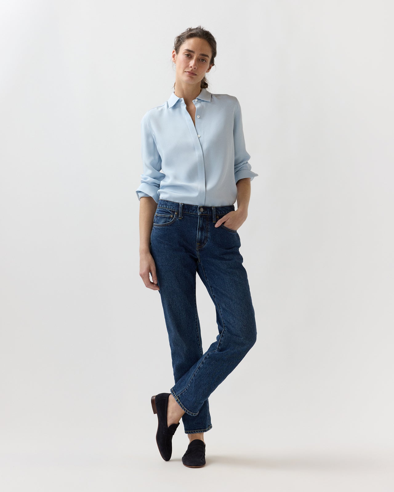 Classic Blouse in Pale Blue Silk Crepe De Chine
