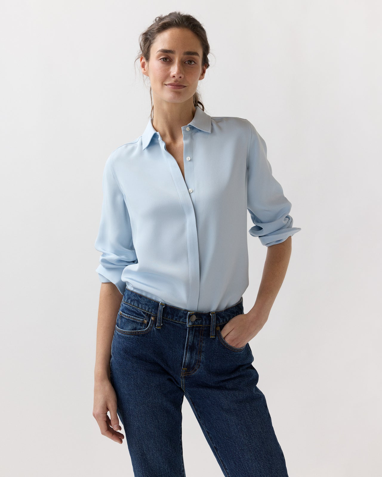 Classic Blouse in Pale Blue Silk Crepe De Chine