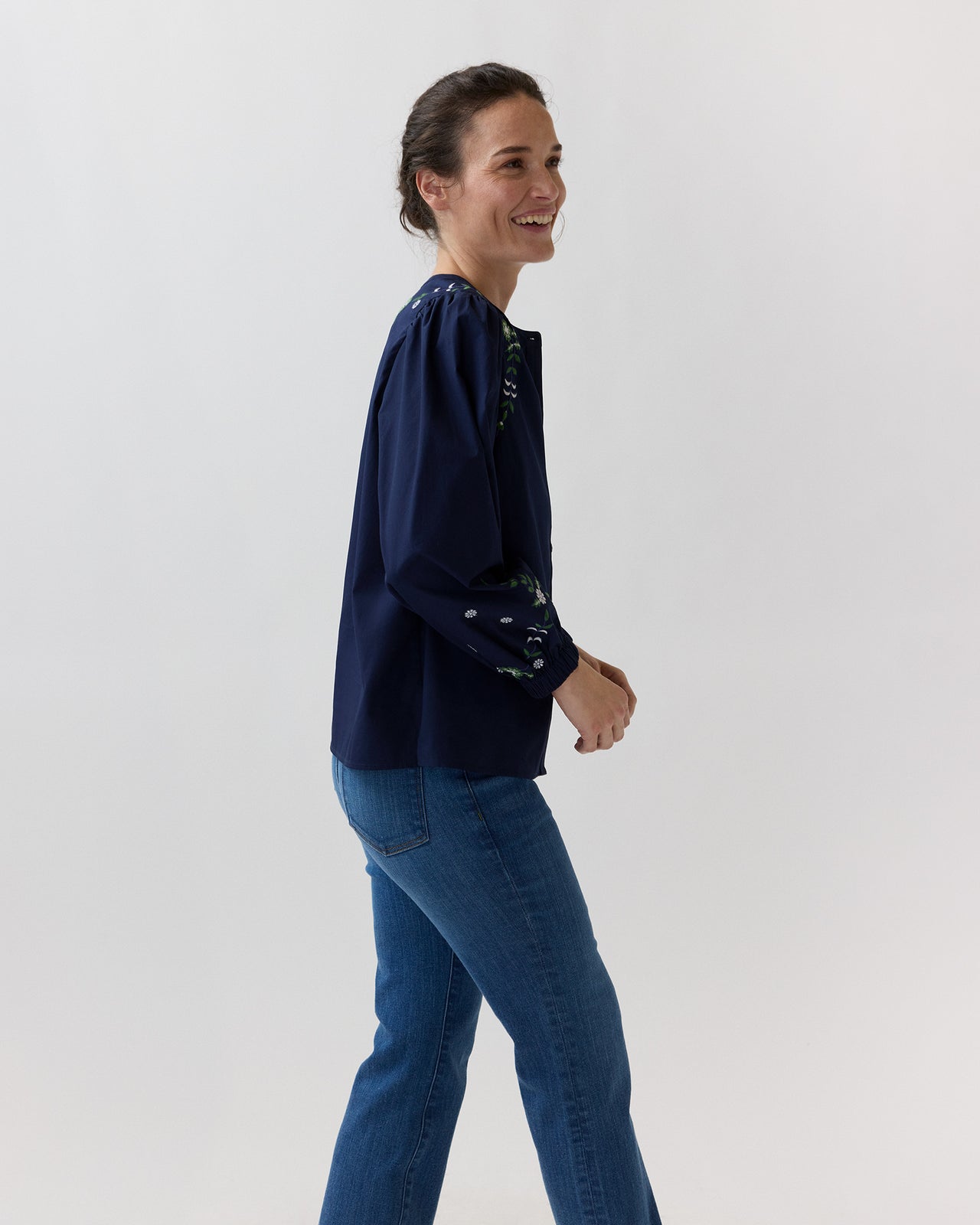 Nanette Blouse in Navy/Green Embroidered Poplin