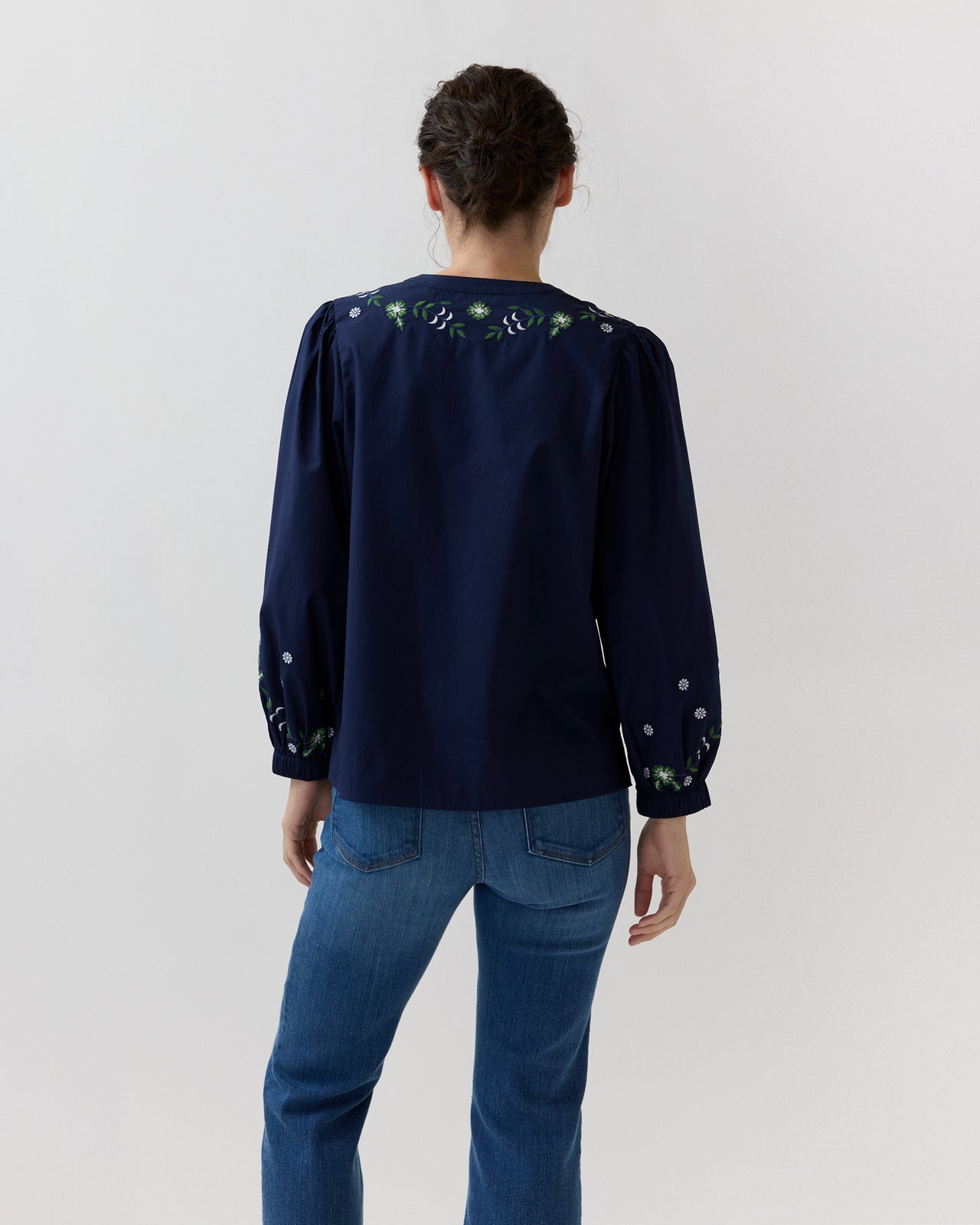 Nanette Blouse in Navy/Green Embroidered Poplin