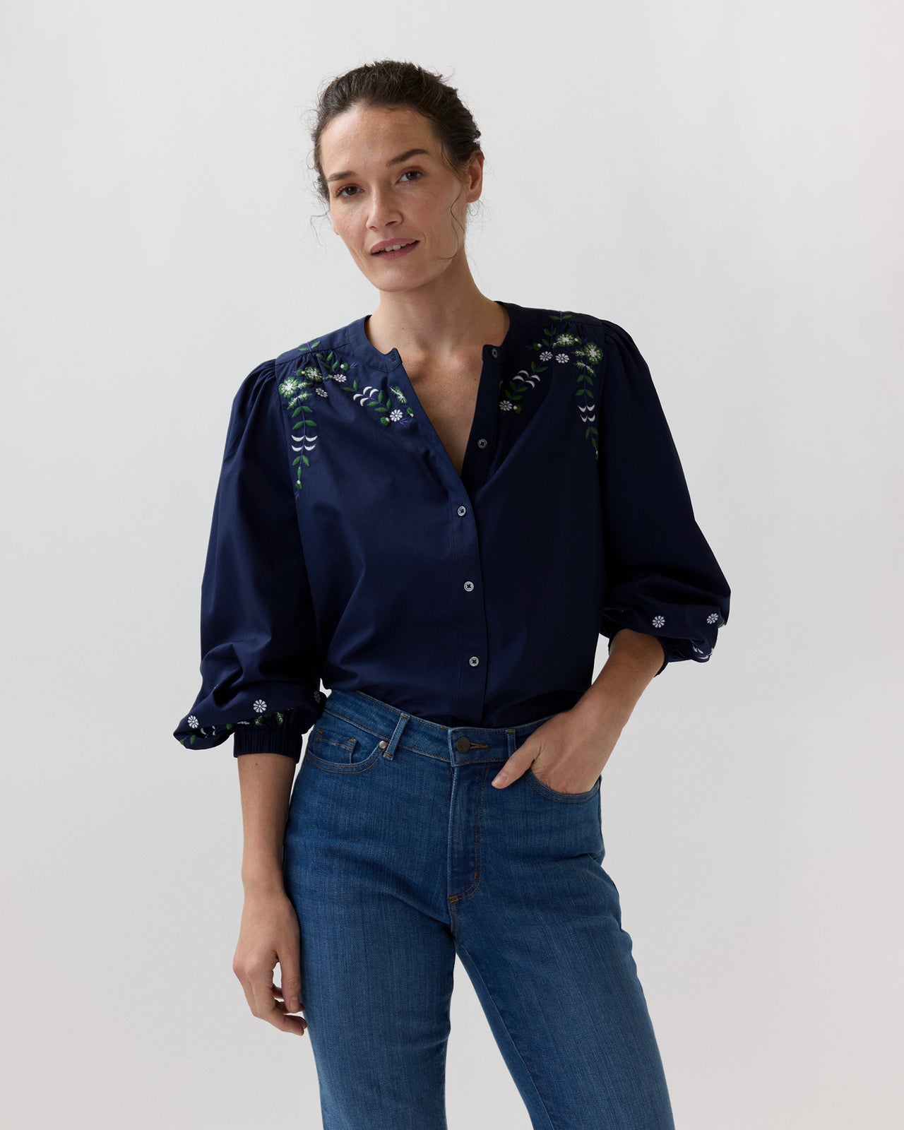 Nanette Blouse in Navy/Green Embroidered Poplin