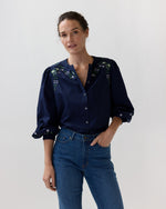 Load image into Gallery viewer, Nanette Blouse in Navy/Green Embroidered Poplin
