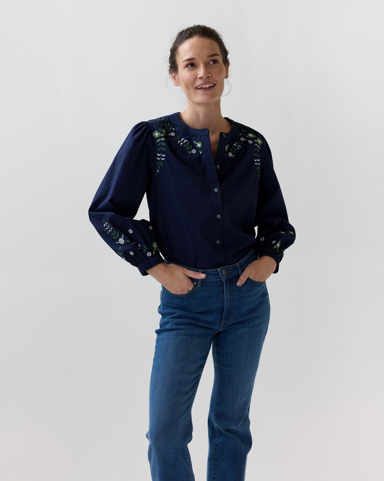 Nanette Blouse in Navy/Green Embroidered Poplin