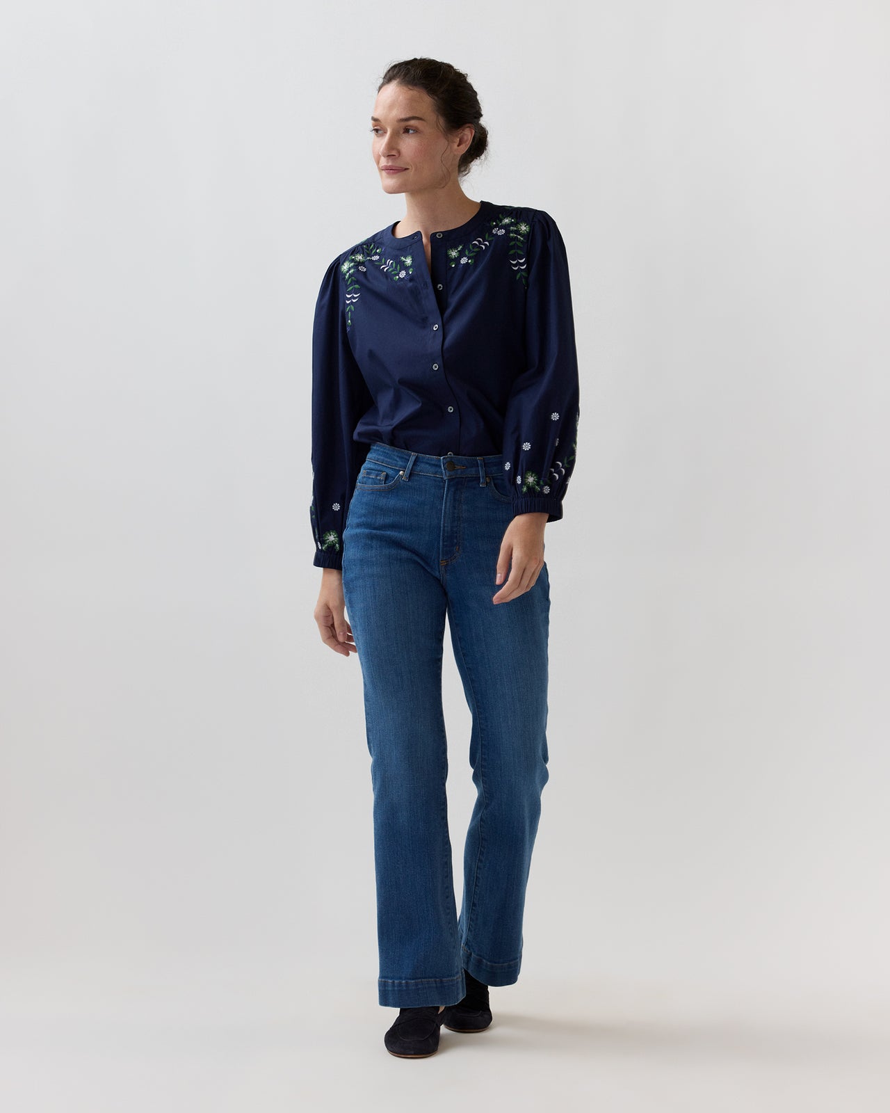 Nanette Blouse in Navy/Green Embroidered Poplin