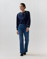 Load image into Gallery viewer, Nanette Blouse in Navy/Green Embroidered Poplin
