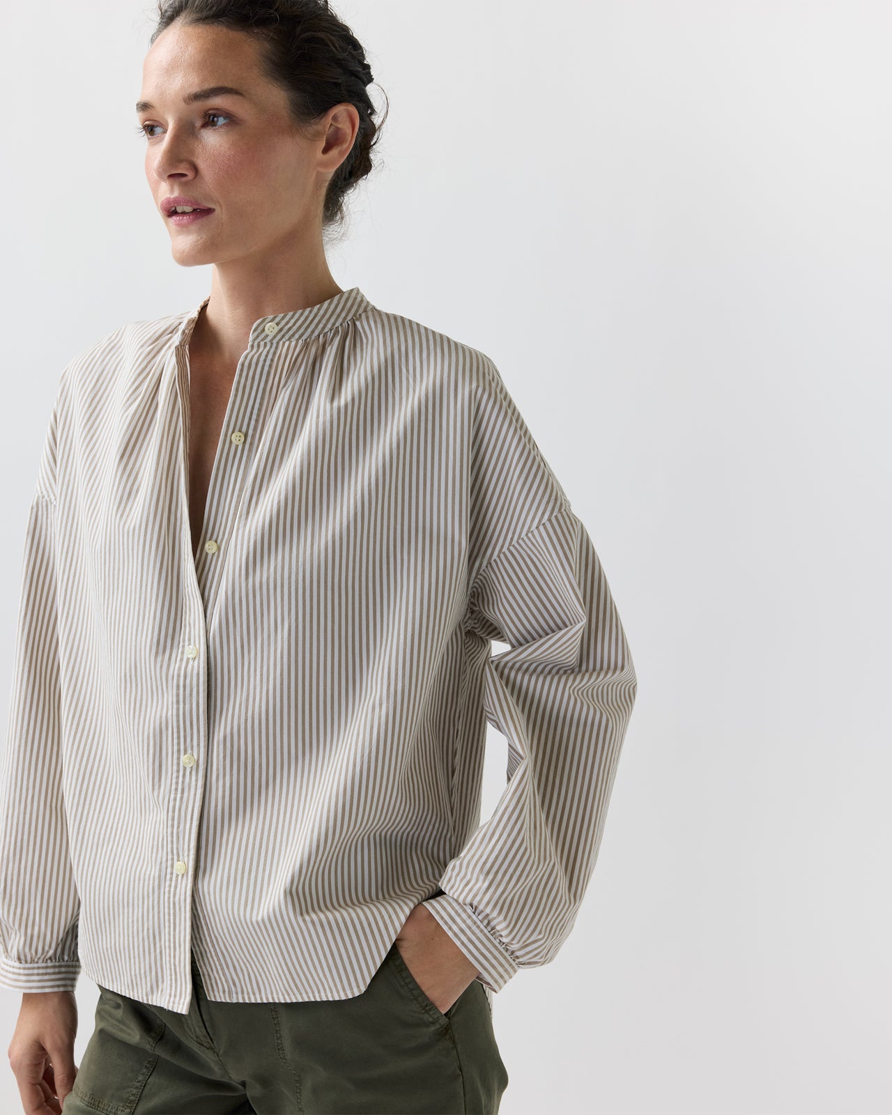 Sunny Blouse in Taupe/White Bengal Stripe Compact Cotton