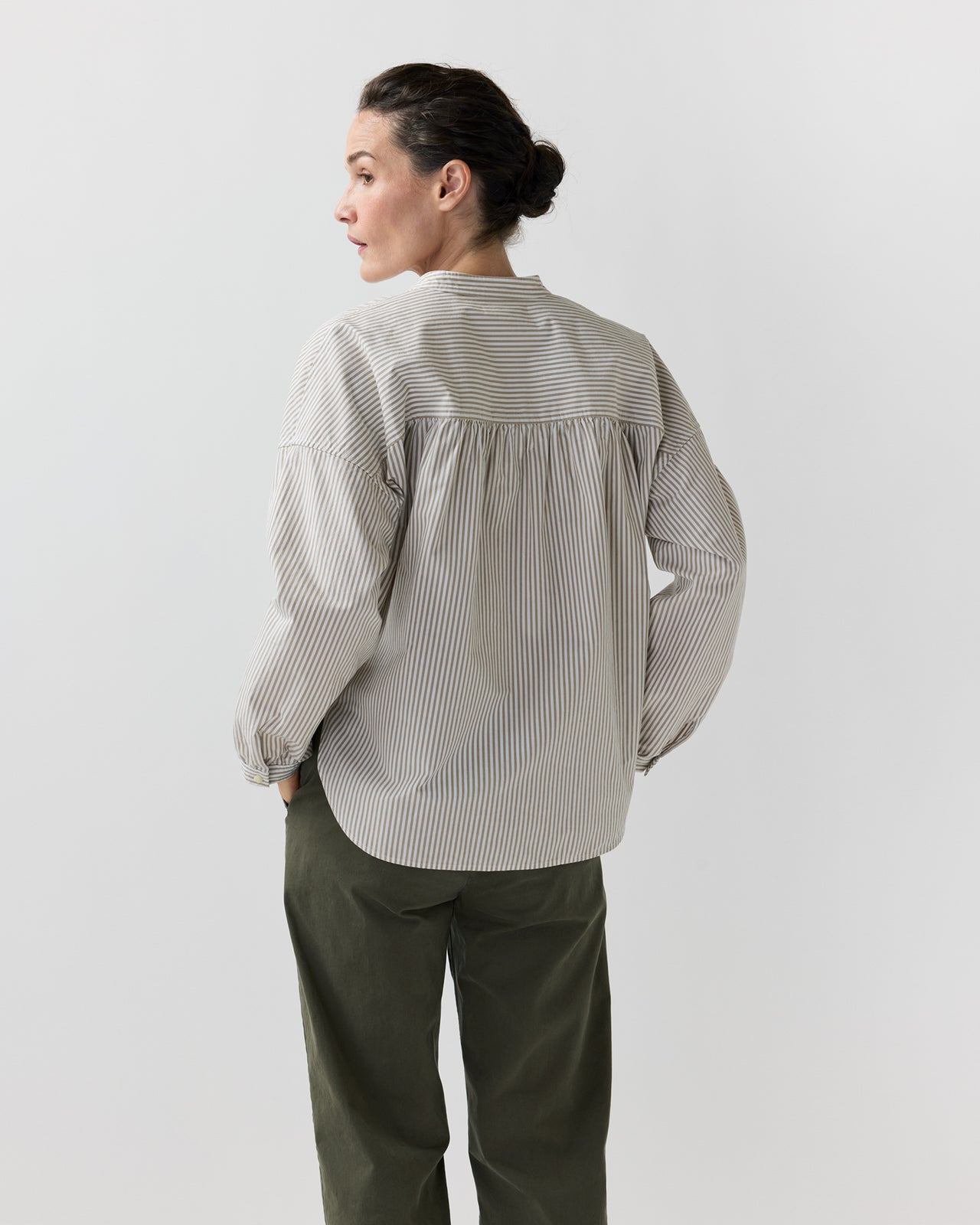Sunny Blouse in Taupe/White Bengal Stripe Compact Cotton