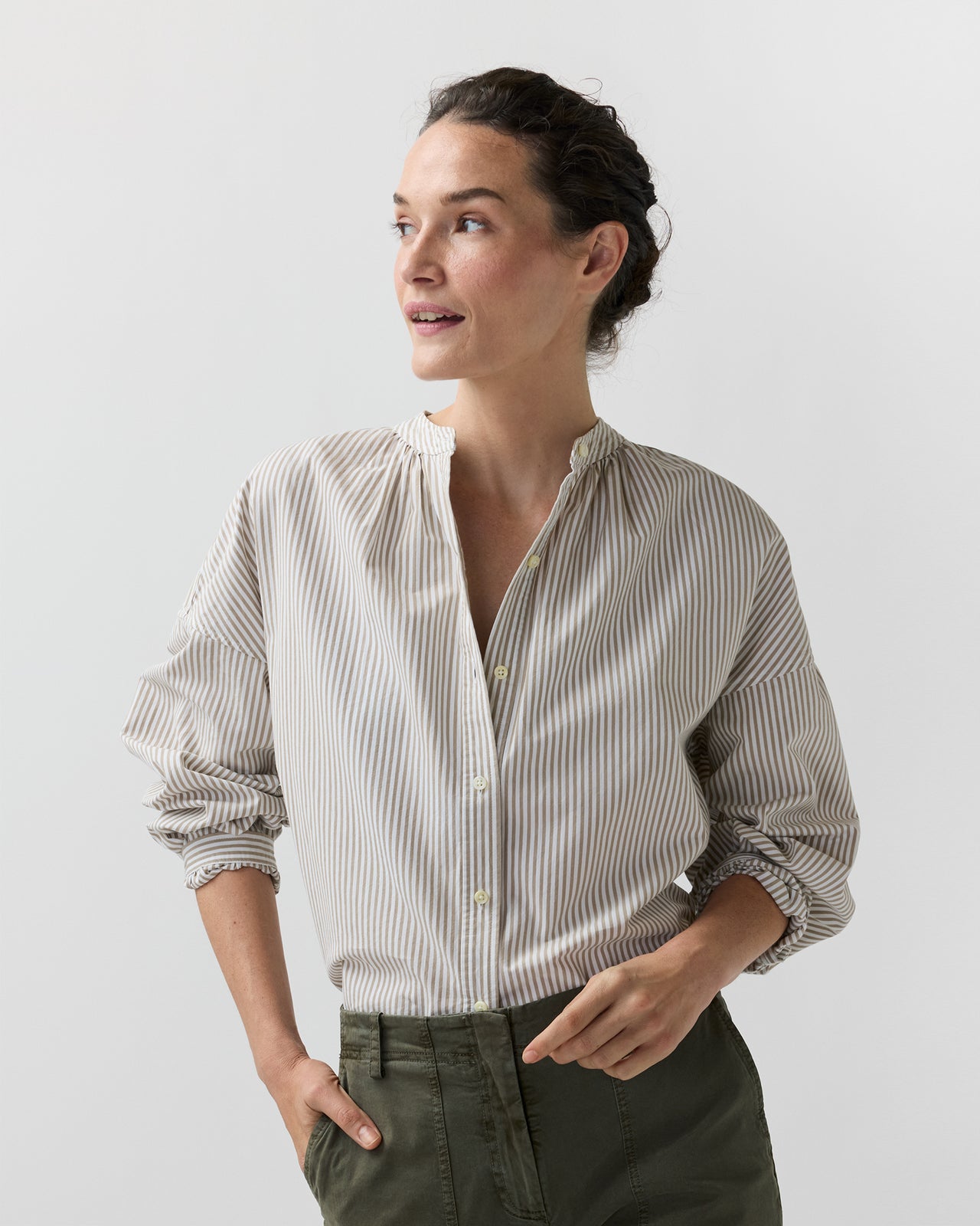 Sunny Blouse in Taupe/White Bengal Stripe Compact Cotton