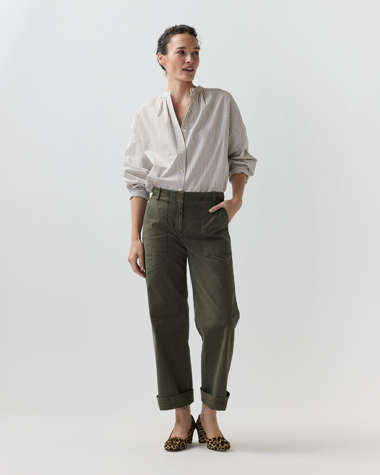 Sunny Blouse in Taupe/White Bengal Stripe Compact Cotton