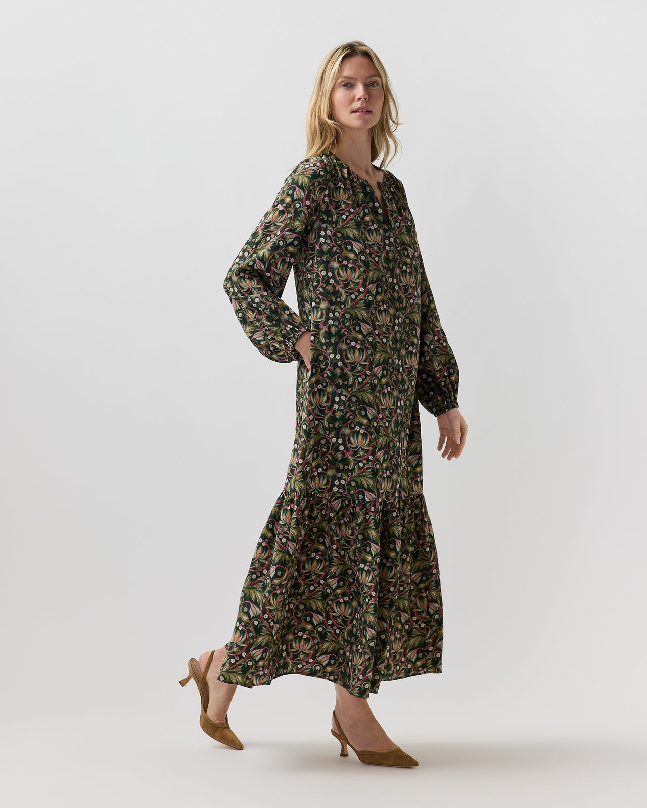 Aba Maxi Dress in Olive/Rose The West Garden Liberty Fabric Silk