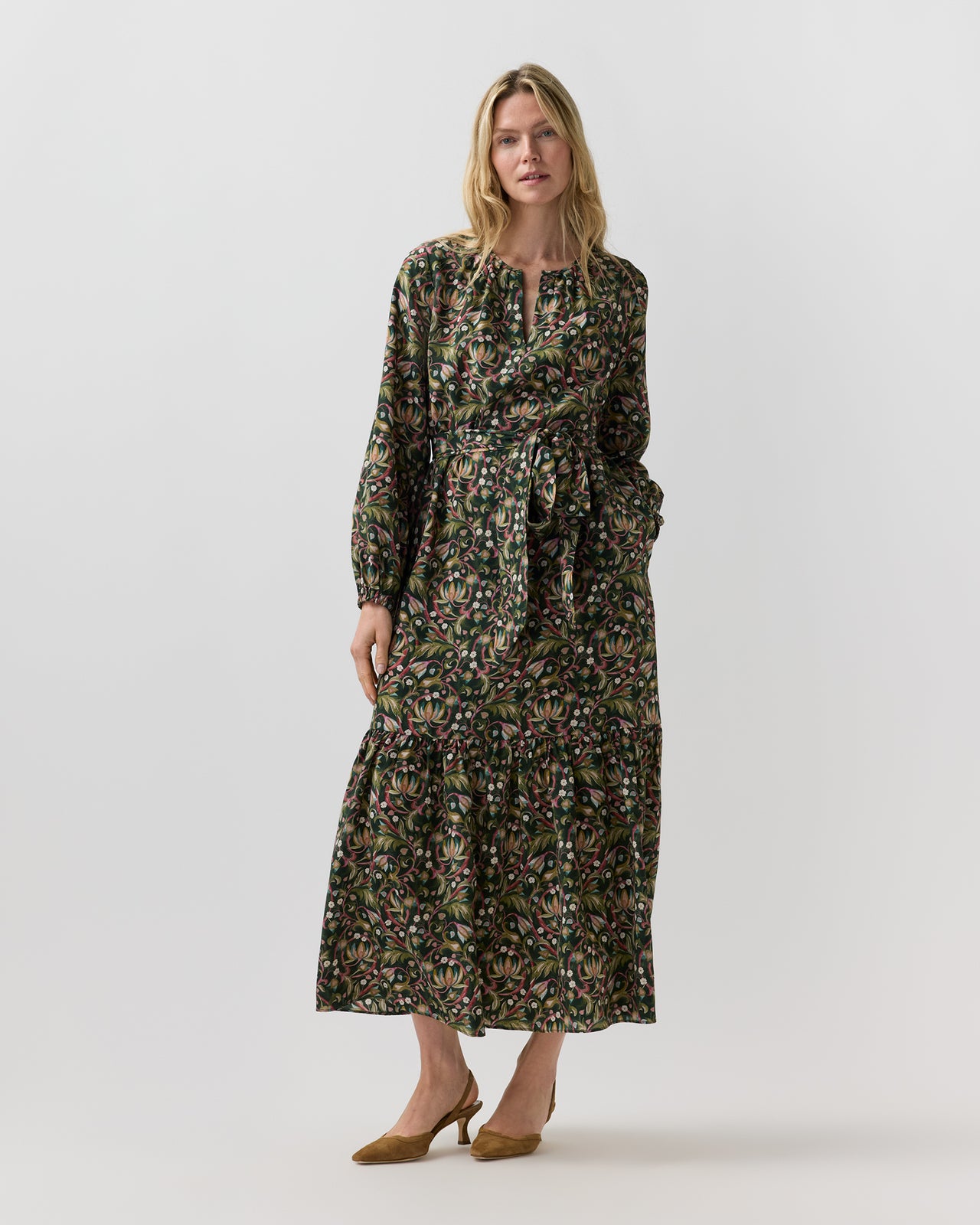 Aba Maxi Dress in Olive/Rose The West Garden Liberty Fabric Silk