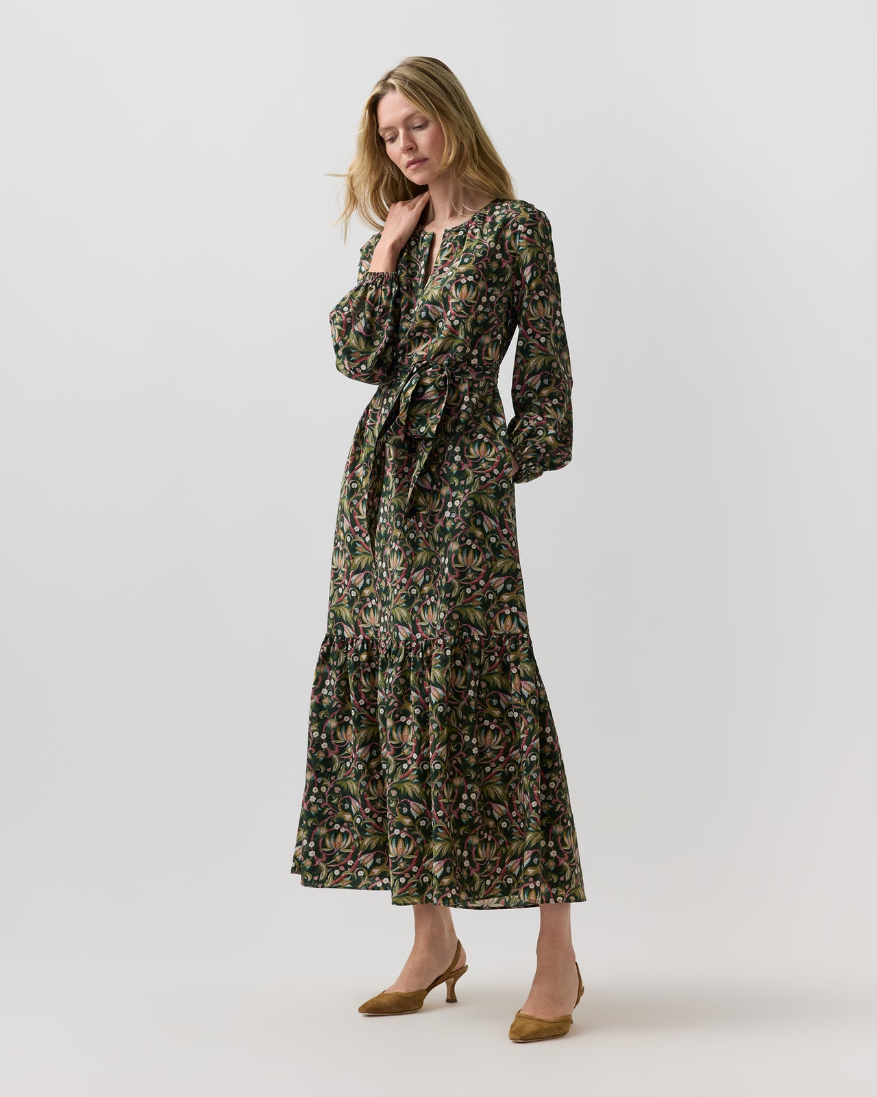 Aba Maxi Dress in Olive/Rose The West Garden Liberty Fabric Silk