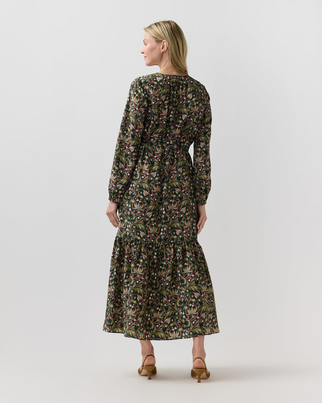 Aba Maxi Dress in Olive/Rose The West Garden Liberty Fabric Silk