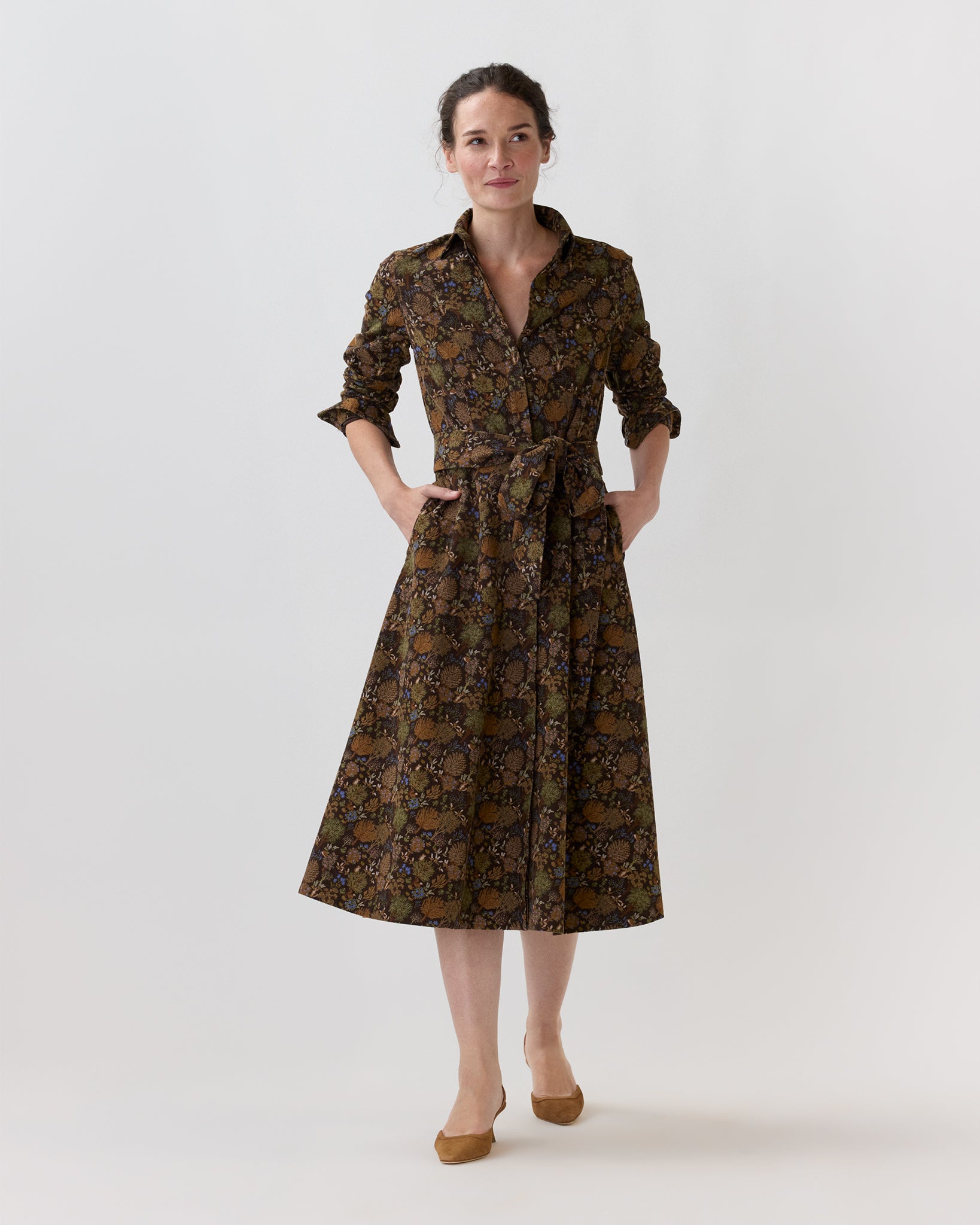 shirtwaist dress Avery Midi in Brown/Multi Woodland Print Lightweight coll:season_sale and warm weather occasions 1950s Dresses Womens Vintage Color:color4