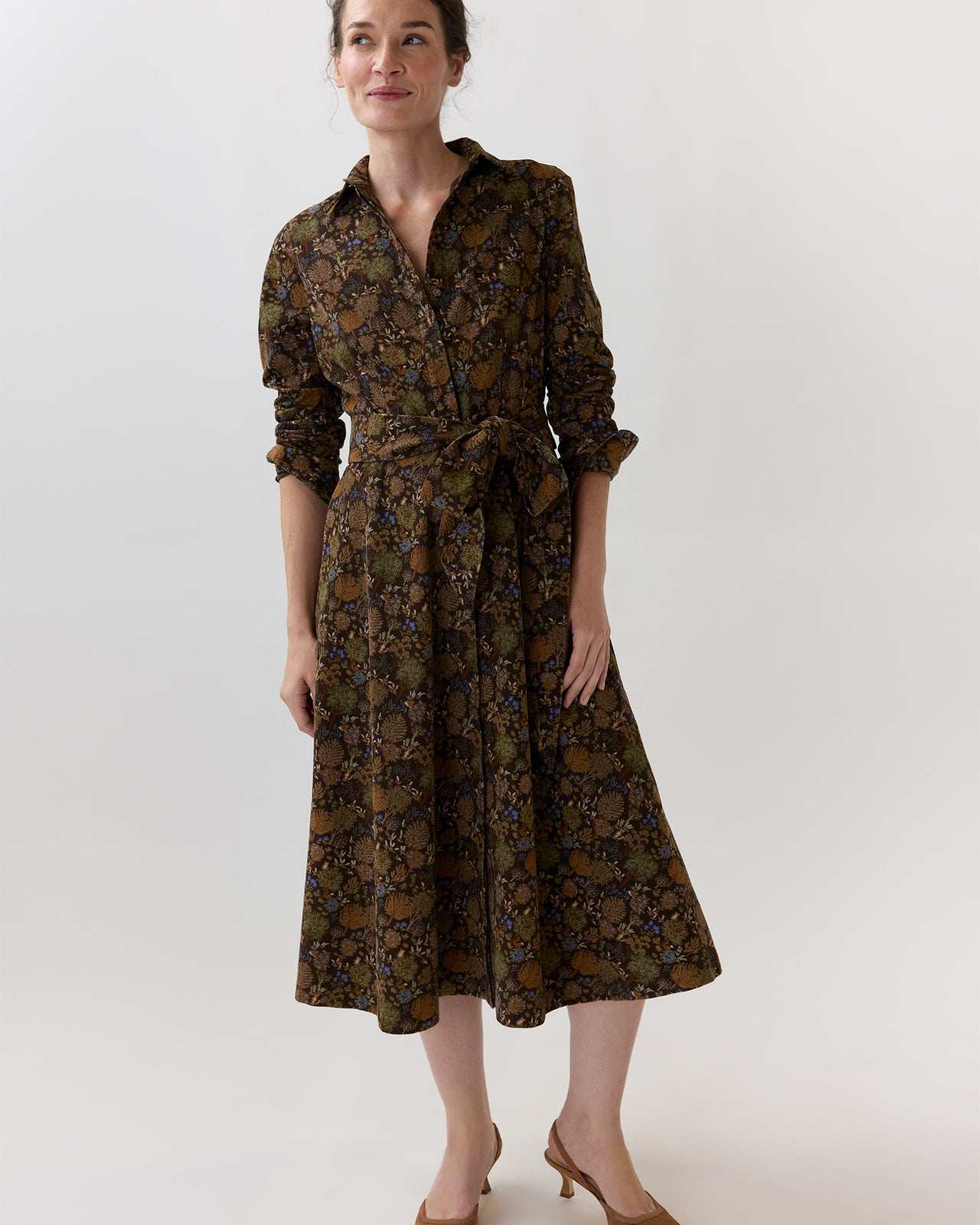 Avery Midi Shirtwaist Dress in Brown/Multi Woodland Print Lightweight Corduroy
