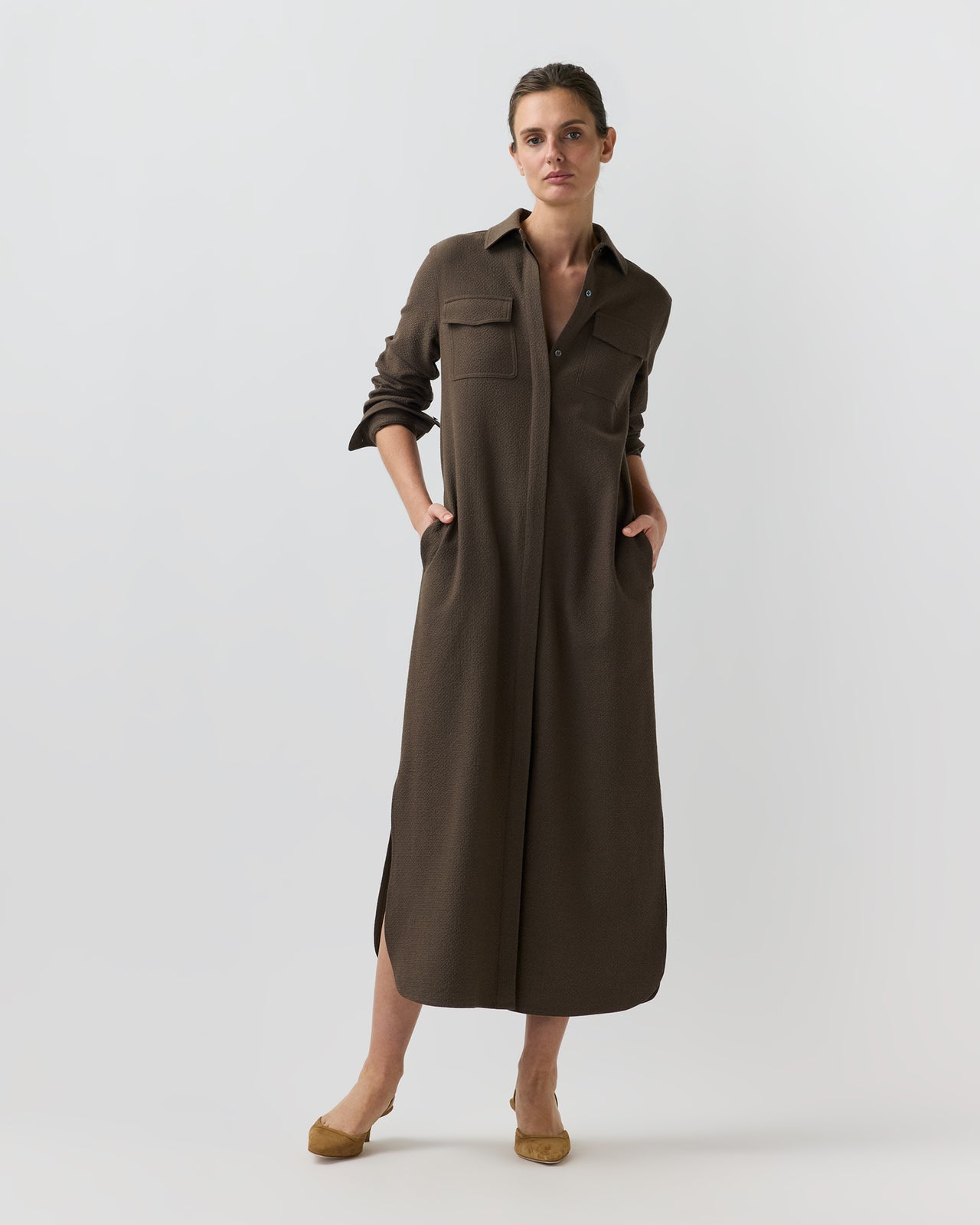 Maude Dress in Bark Crinkle Cotton/Wool