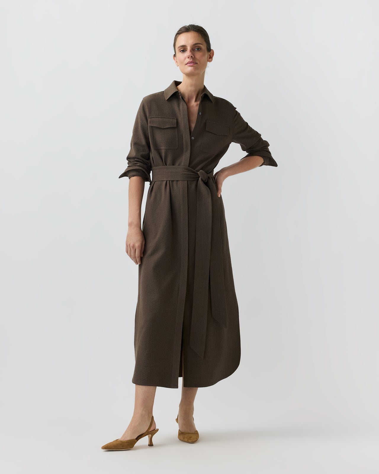Maude Dress in Bark Crinkle Cotton/Wool