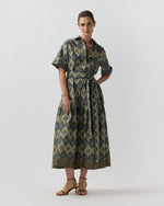 Load image into Gallery viewer, Nathalie Dress in Spruce/Tobacco/Multi Painted Tapestry Poplin
