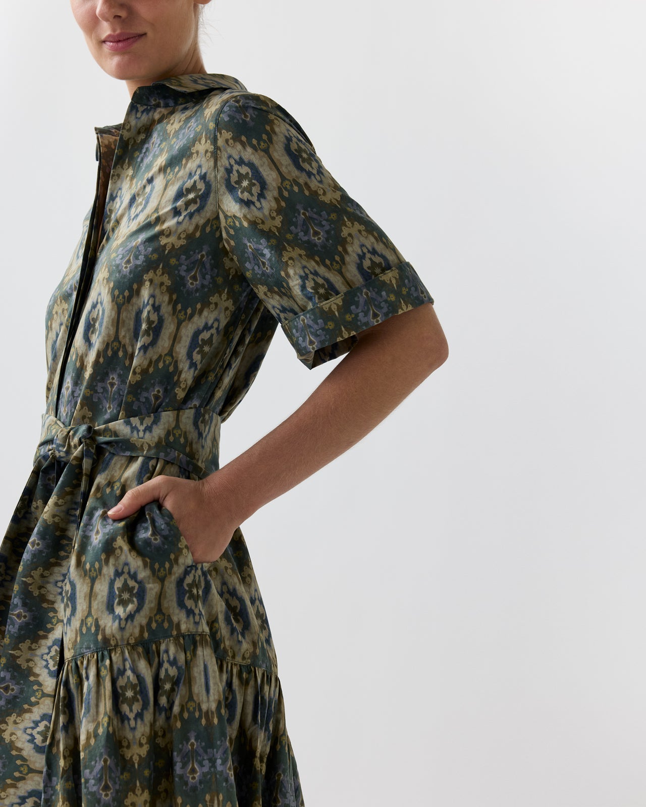 Nathalie Dress in Spruce/Tobacco/Multi Painted Tapestry Poplin