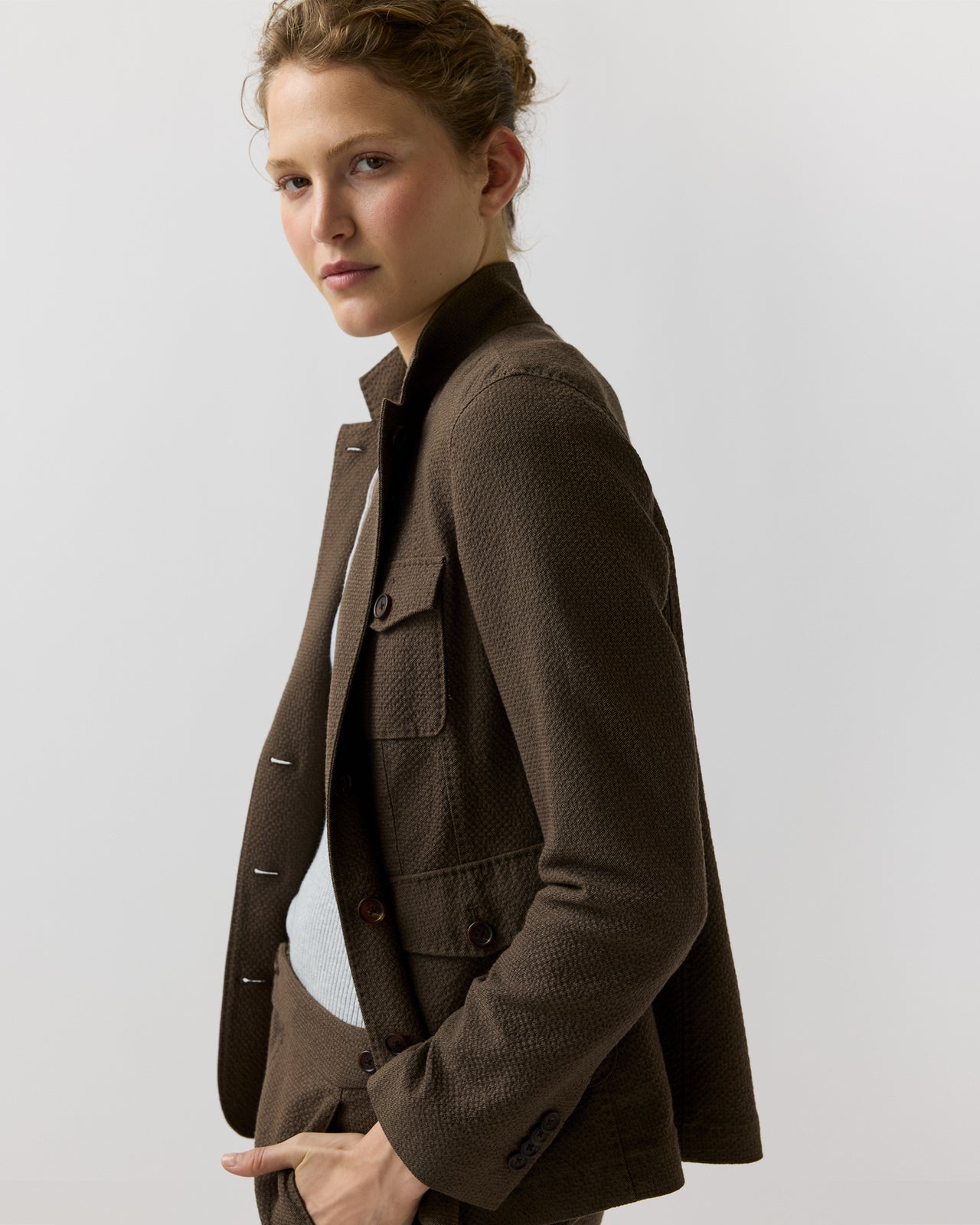 Cecile Cargo Jacket in Bark Crinkle Cotton/Wool
