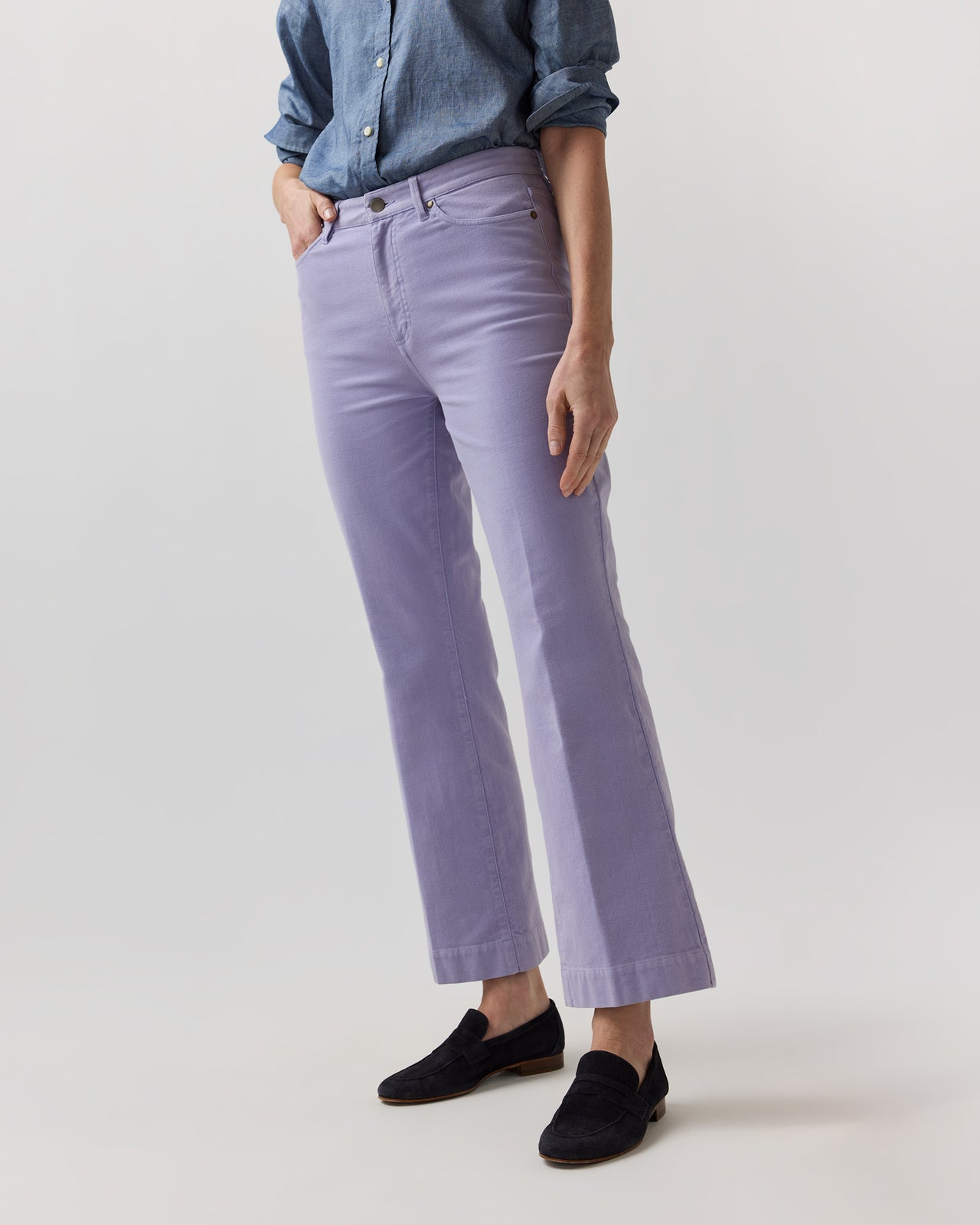 Kendall Flare 5-Pocket Jean in Lavender Stretch Moleskin