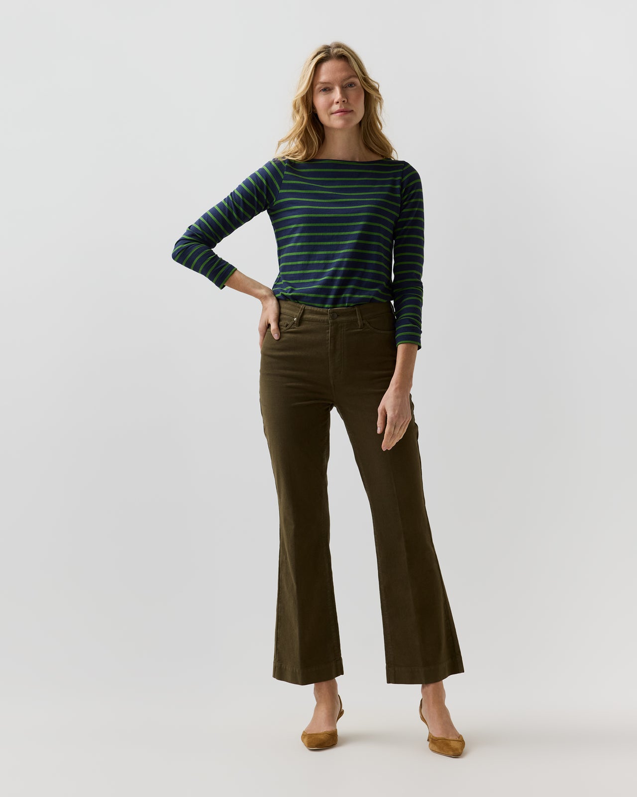 Kendall Flare 5-Pocket Jean in Moss Stretch Moleskin