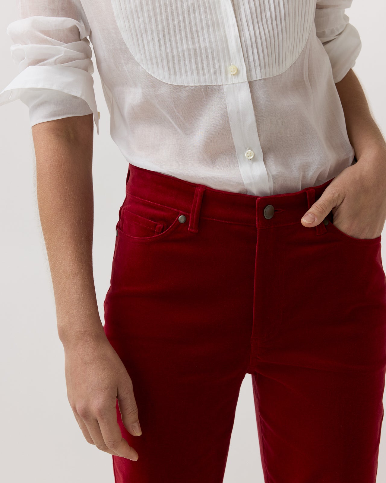 Kendall Flare 5-Pocket Jean in Red Stretch Velveteen