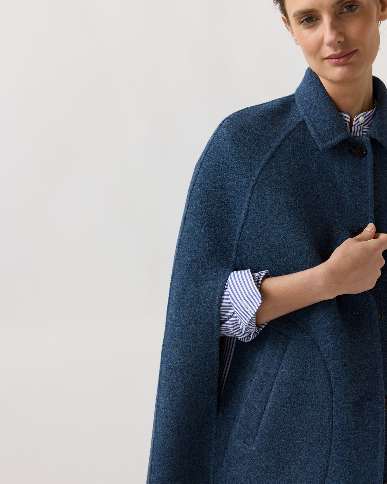 Reversible Bennet Tailored Cape in Lovat/Denim Double-Faced Wool