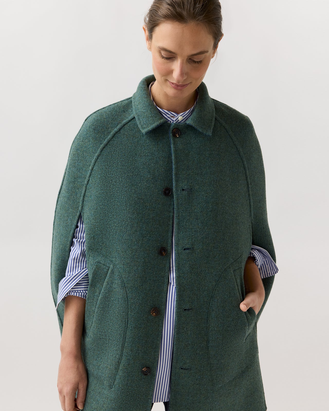 Reversible Bennet Tailored Cape in Lovat/Denim Double-Faced Wool