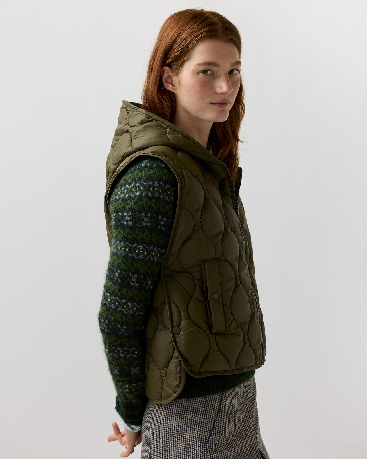 Jenny Cashball Hooded Vest in Olive Nylon