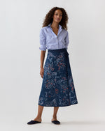 Load image into Gallery viewer, Wren Wrap Skirt in Indigo/Red Painted Paisley Stretch Denim
