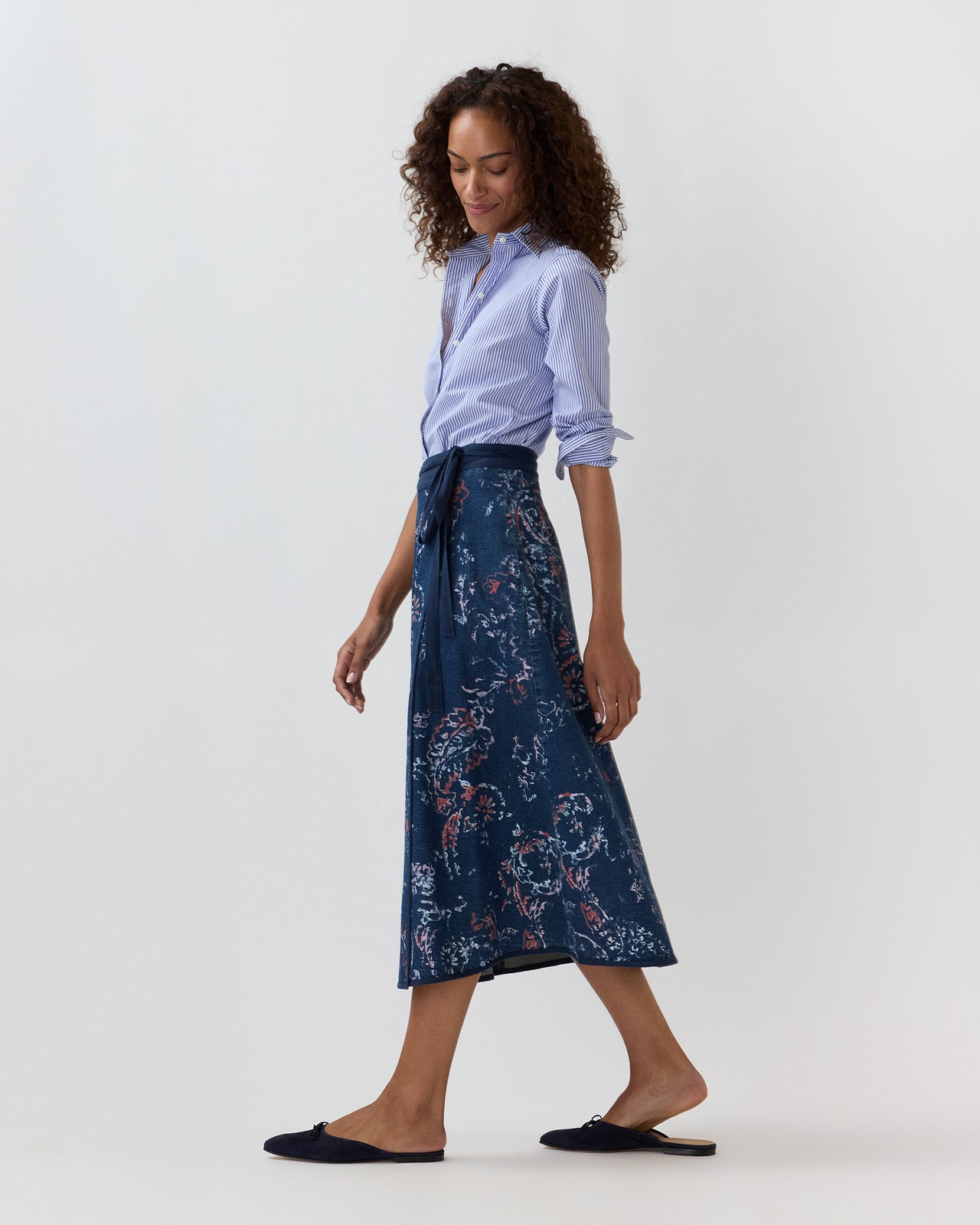 Wren Wrap Skirt in Indigo/Red Painted Paisley Stretch Denim
