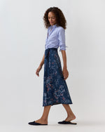 Load image into Gallery viewer, Wren Wrap Skirt in Indigo/Red Painted Paisley Stretch Denim
