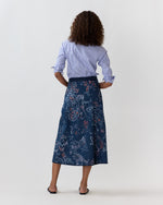 Load image into Gallery viewer, Wren Wrap Skirt in Indigo/Red Painted Paisley Stretch Denim
