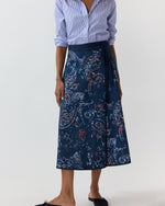 Load image into Gallery viewer, Wren Wrap Skirt in Indigo/Red Painted Paisley Stretch Denim
