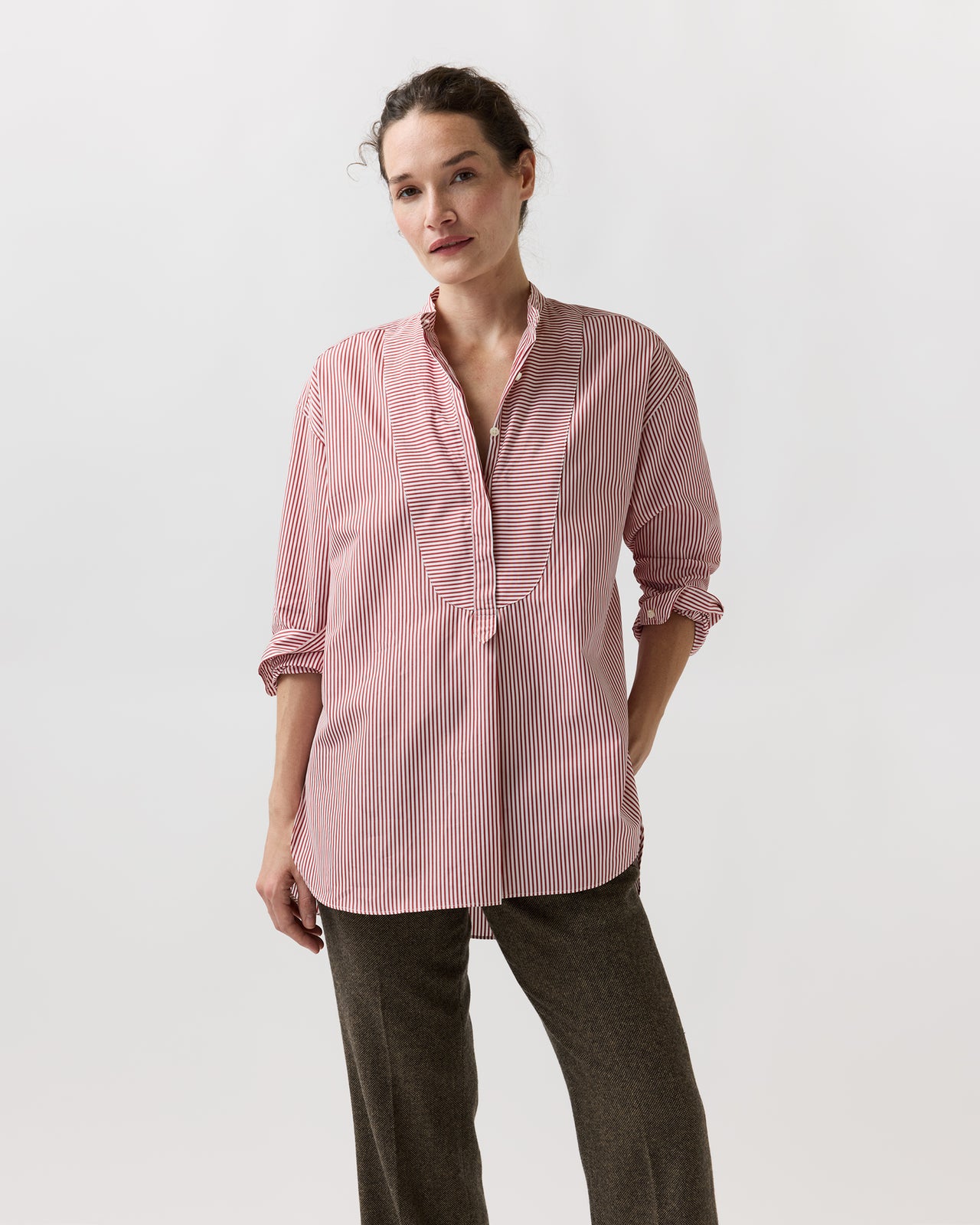 Christiane Bib-Front Tunic in Red/White Stripe Poplin