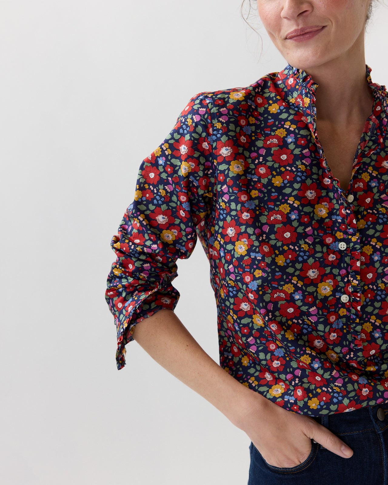 Frill Shirt in Navy/Multi Betsy Meadow Liberty Fabric