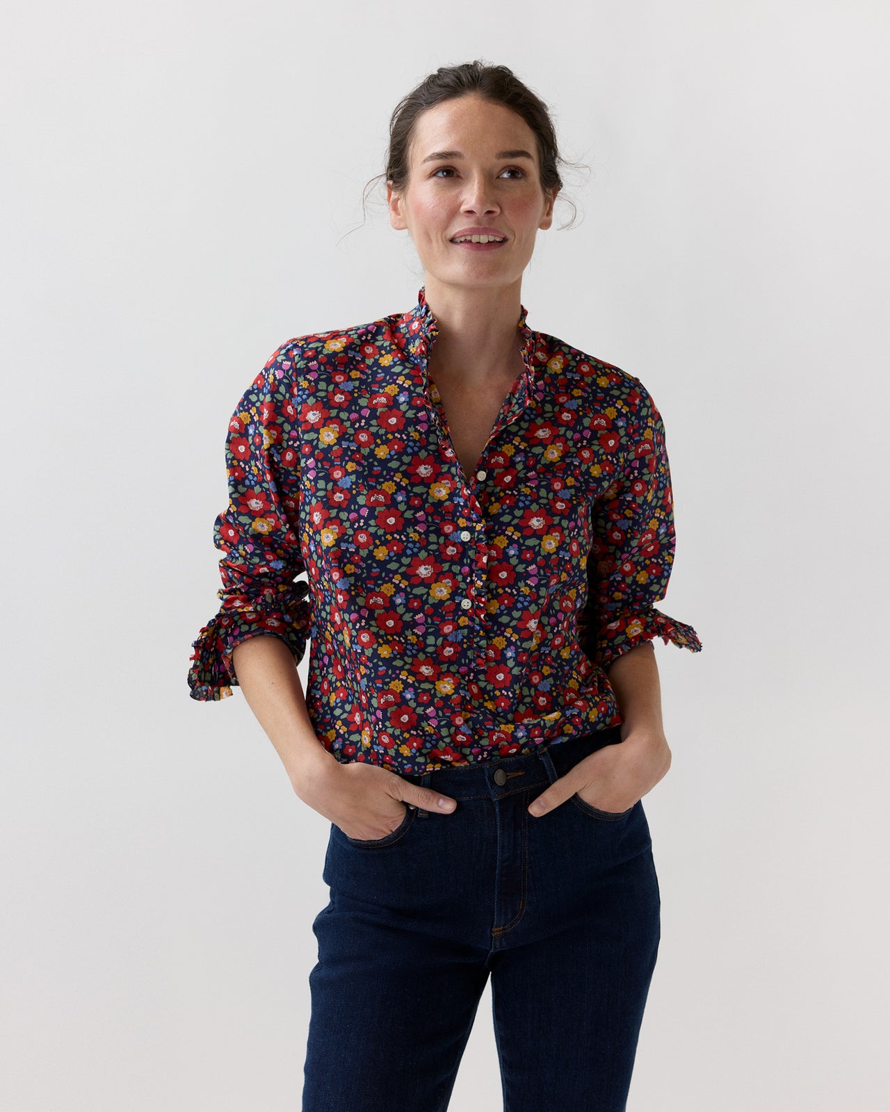 Frill Shirt in Navy/Multi Betsy Meadow Liberty Fabric