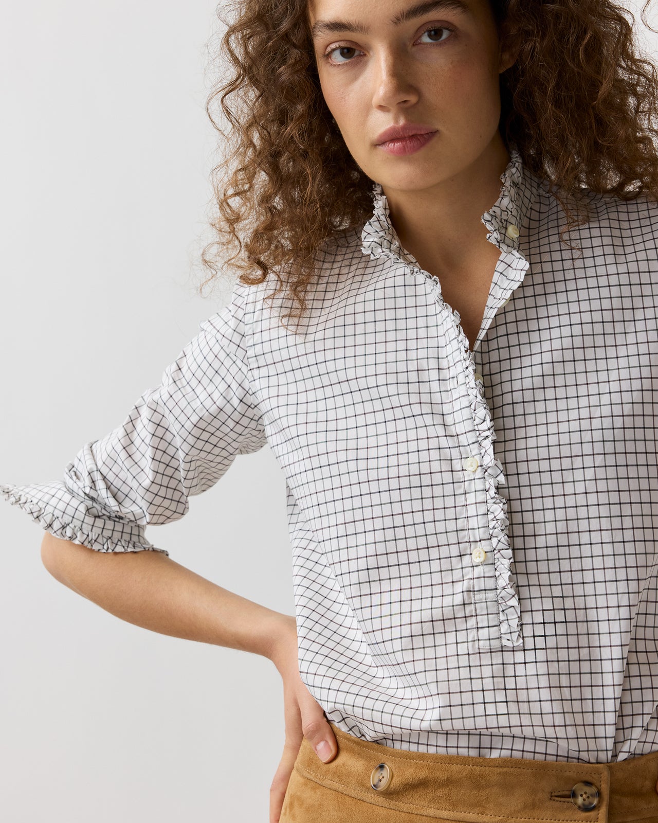 Frill Shirt in Olive/Bark Tattersall Poplin